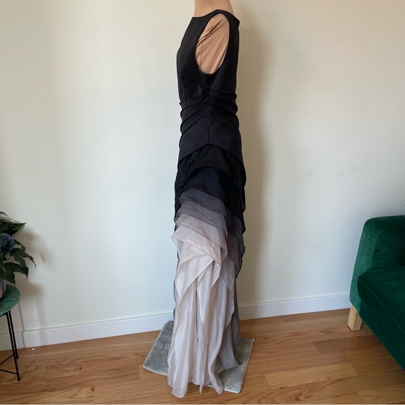 Halston Heritage Black Satin Organza Sleeveless Ombre Degrade Tiered Gown EUC 2 - Picture 5 of 12